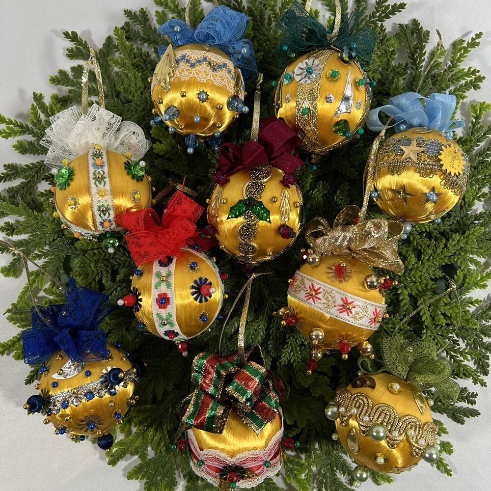 Lot of 10 Vintage Beaded Pushpin Christmas Ornament Balls Sequins MCM Satin